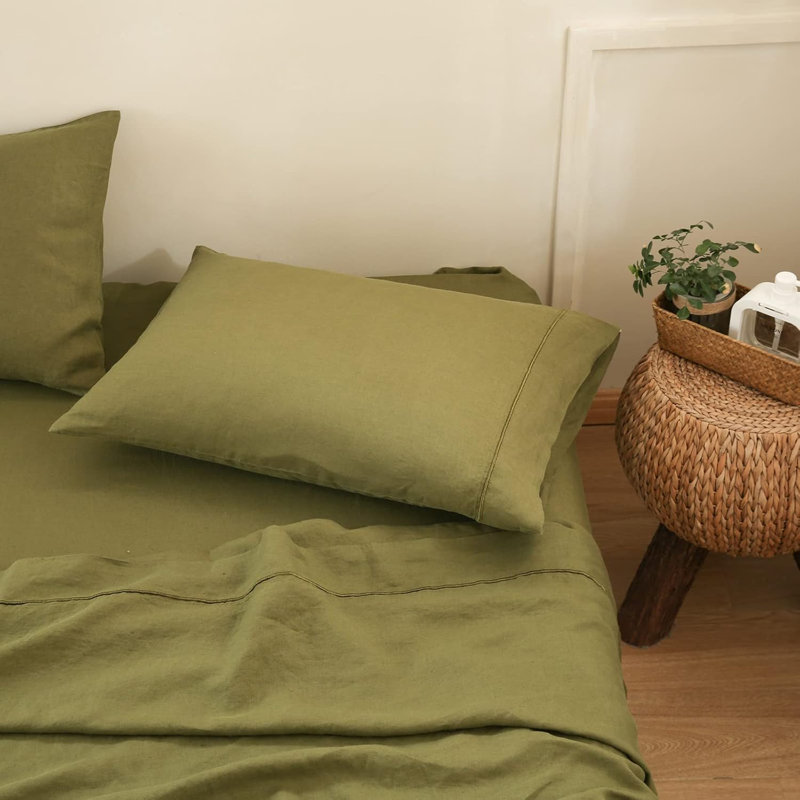 Ensemble de taie d'oreiller 100% lin français avec 2 taies d'oreiller de couleur unie délavées, Vert olive