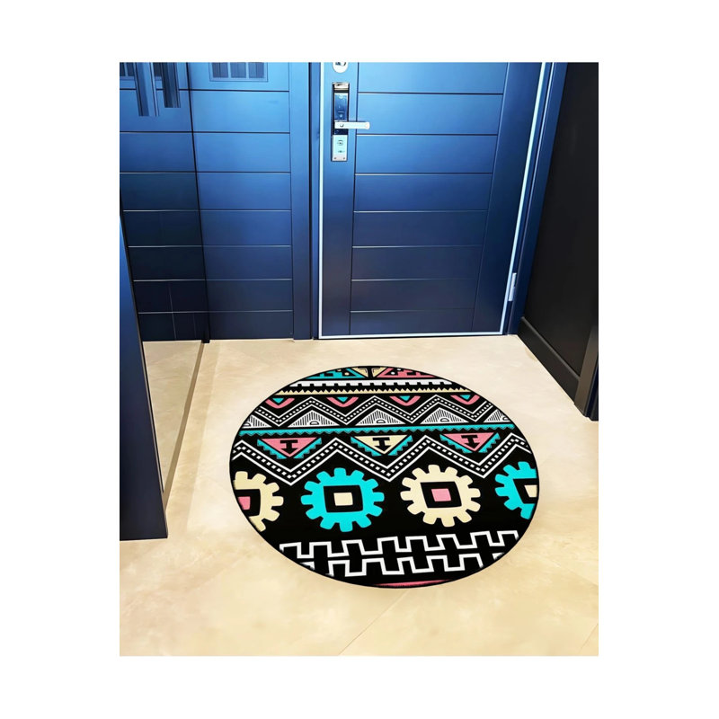 Black Multicolored Shapes Woven Base Modern Decorative Rug, Round 5'