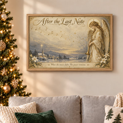 Ange avec trompette et paysage de village enneigé, art de Noël sur toile