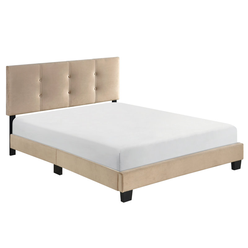 Lit plateforme en tissu d'ameublement en velours brun avec tête de lit ajustable et option, Marron clair, Lit double