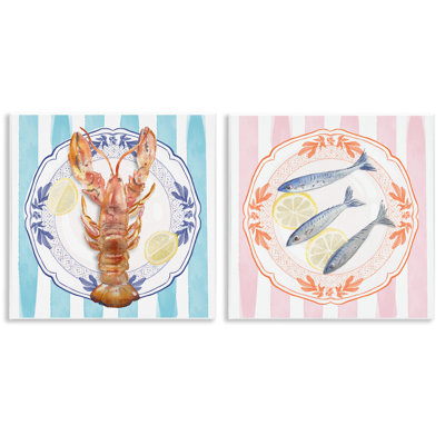 Lobster & Sardines Plates 2pc Wall Plaque Set, design by Christie Adams