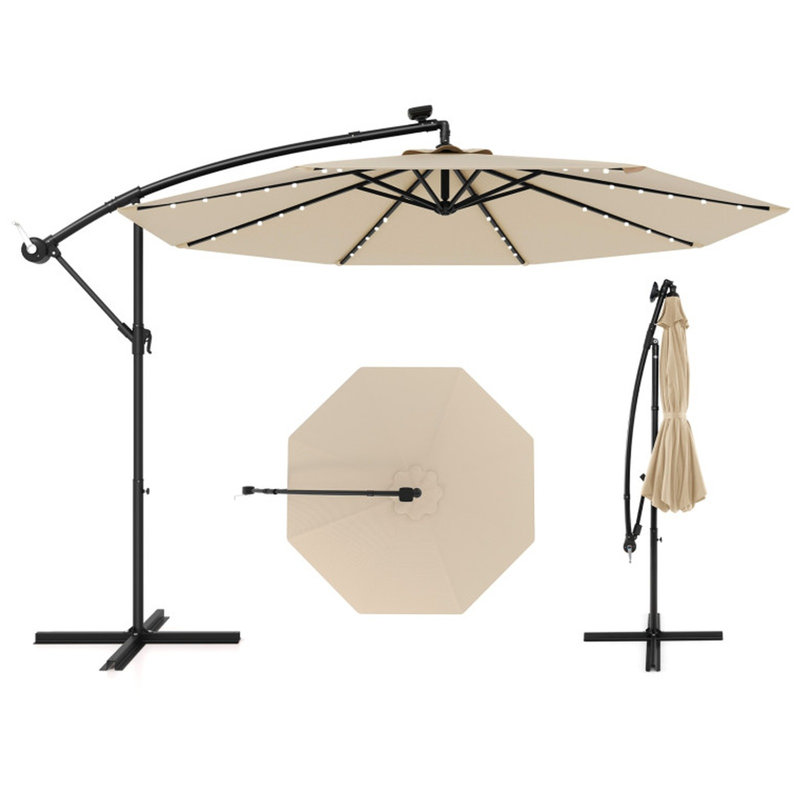 10 ft Octagonal Solar LED Cantilever Patio Umbrella with 40 Lights, Crank Lift and Cross Base, Beige