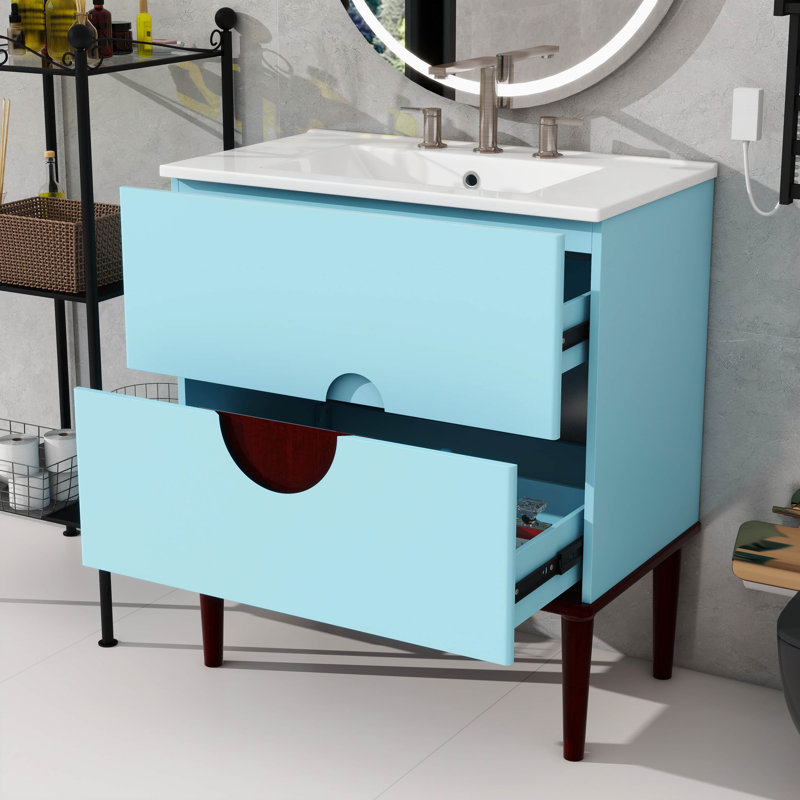 Ensemble de meuble-lavabo en bois massif avec lavabo en céramique 30 po et 2 tiroirs pour rangement moderne