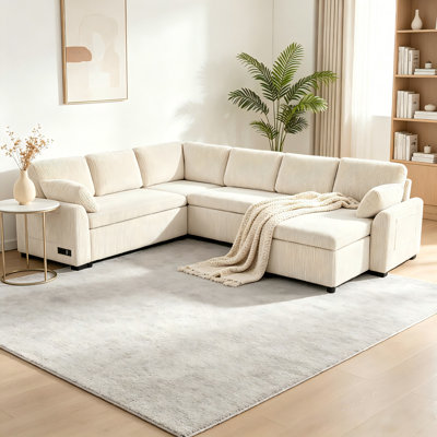 111" U-Shaped Sofa Bed with Reversible Chaise, Power Outlets & USB
