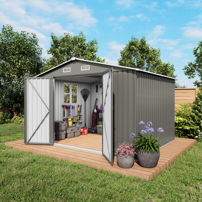 Remise de rangement extérieure en métal gris 10 x 8 pi avec loquet verrouillable sur les portes doubles, fenêtres d'aération, pour la cour, le patio, les tondeuses à gazon idéales, les chaises, la structure en gris, faite de générateurs de rangement, de vélos,