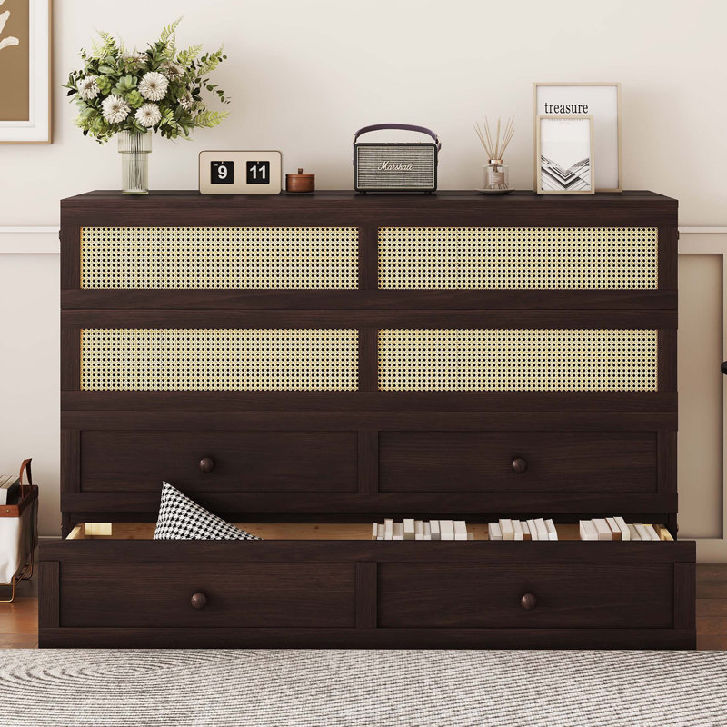 Grand lit escamotable, armoire-lit en bois de pin avec décoration en rotin et tiroir de rangement, Espresso