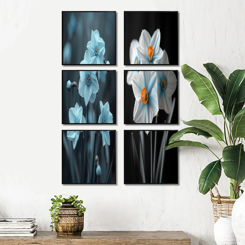 Monochromes bleu gris Whimsy Wonderland Daffodils - ensemble de 6 impressions de jonquilles murales, Noir