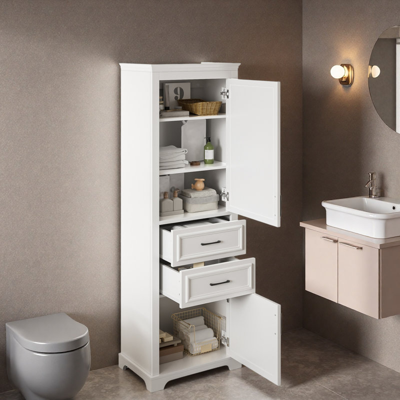 Tall Freestanding Bathroom Storage With 2 Damping-hinge Doors, 2 Drawers, Adjustable Shelf And Black Lron Handles