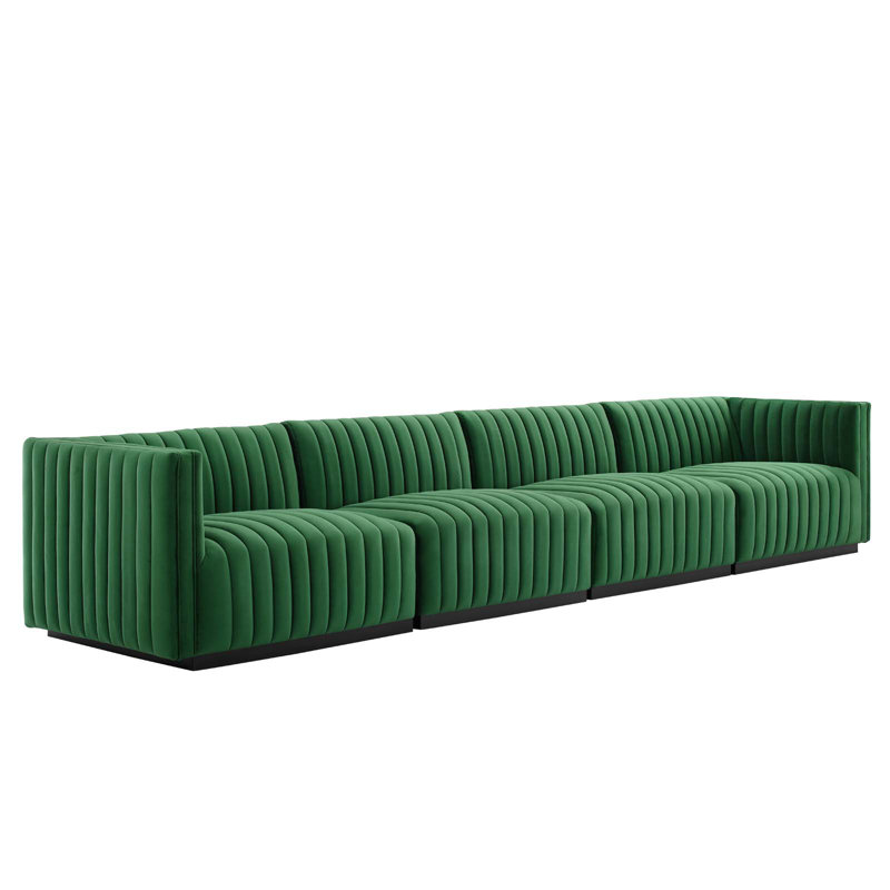 Green Velvet Channel Tufted Sofa with Black Base