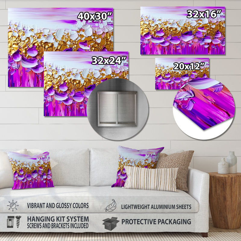 «Purple Bloom Transitional Journey V - Art moderne en métal, impression sur métal moderne, H 24 po x l 32 po x P 0,84 po