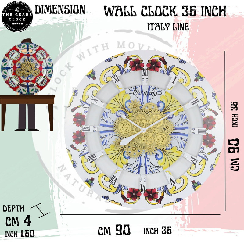 Oversized 36" Multicolor Metal and Wood Wall Clock with Moving Gears
