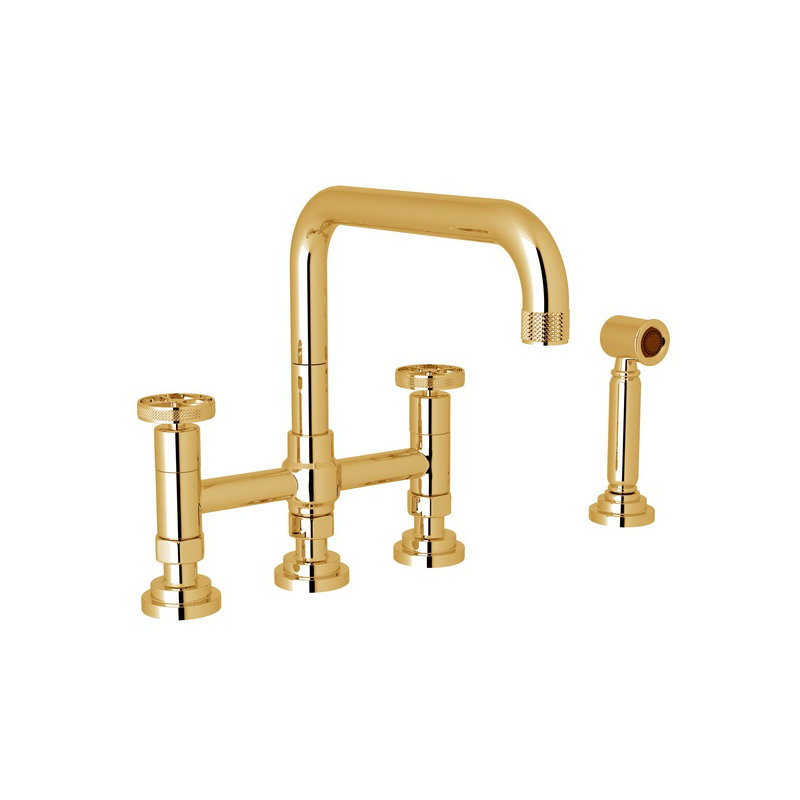 Campo Bridge Kitchen Faucet With Side Spray, Italian Brass, Wheel Handle