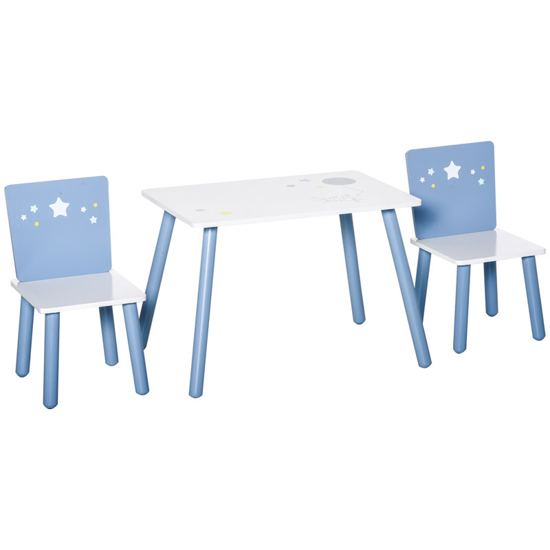 HOMCOM 3 Pcs Kids Table & Chairs Set Wood Legs Safe Corners Cute Stars Blue