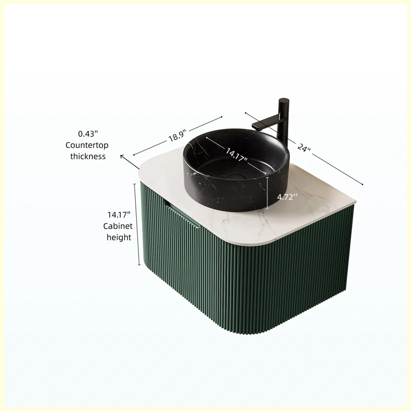 Meuble-lavabo flottant 24 po avec lavabo, armoire de rangement en contreplaqué rayé à bords arrondis avec tiroir, lavabo rond en céramique noir mat et plateau en pierre frittée, pré-assemblé, vert foncé
