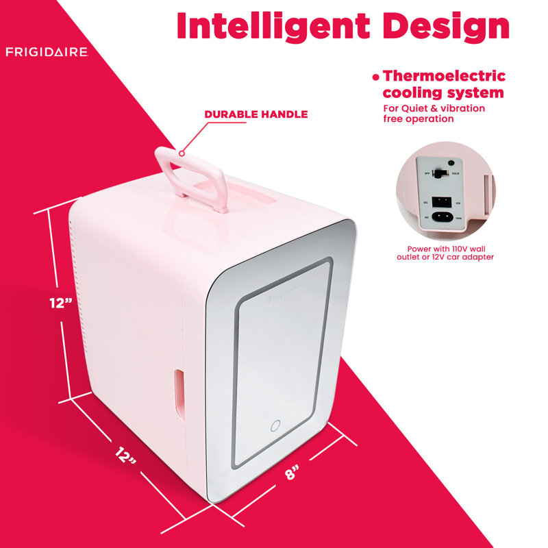 Frigidaire 9 Can/6.5 Liter Beauty Lighted Mirror Mini Personal Fridge Cooler, Pink, Pink