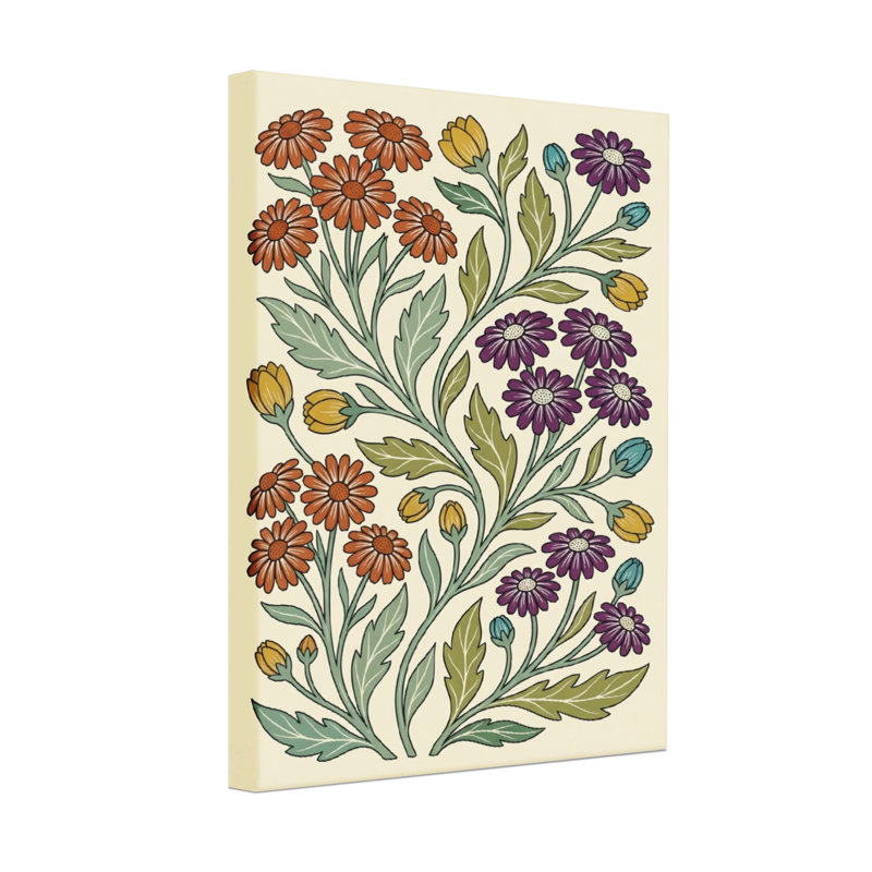 Motif floral de plantes et de fleurs avec des fleurs orange et mauves, H 24 po x l 16 po