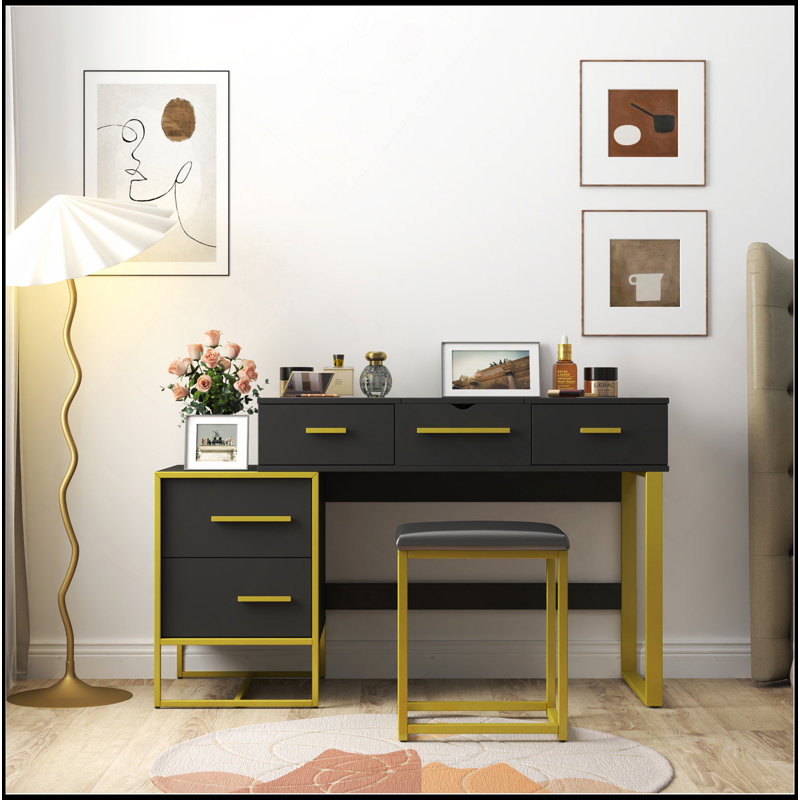 Ensemble de coiffeuse avec miroir, commode avec table de chevet et 4 tiroirs, Noir