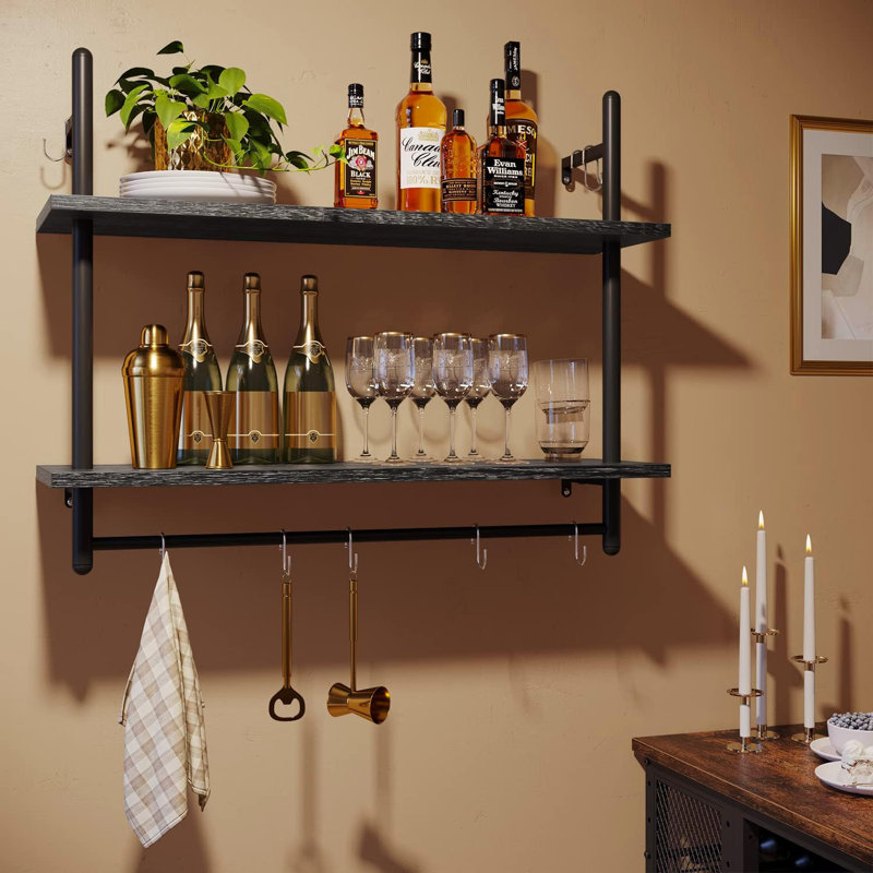 Floating Shelf With Towel Bar And Hooks - Industrial Wall-Mounted Storage Shelf For Kitchen, Bathroom, Living Room - Sturdy Wrought Iron And Particle Board Design
