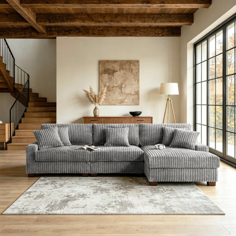 3 - Piece Upholstered Light Gray Faux Rabbit Fur Flannel Modular Sectional Sofa with Armrests & Throw Pillows