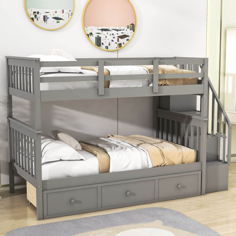 Dkwon Kids Twin Over Twin Bunk Bed with Drawers, Gray