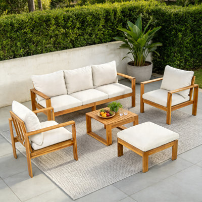 Outdoor 5-Piece Acacia Wood Patio Conversation Set with Sofa, Chairs, Ottoman & Coffee Table