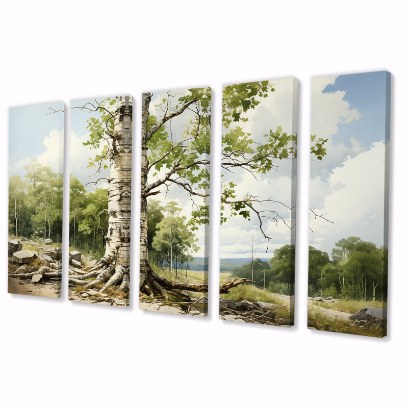 «Birch Tree Forest Essence II - Tree», art mural 5 pièces, H 32 po x l 80 po