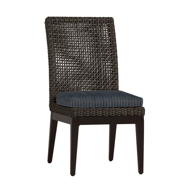 Peninsula Patio Dining Side Chair with Cushions, Mahogany/Chestnut, Rollo Chambray InsideOut® Linen, Welt