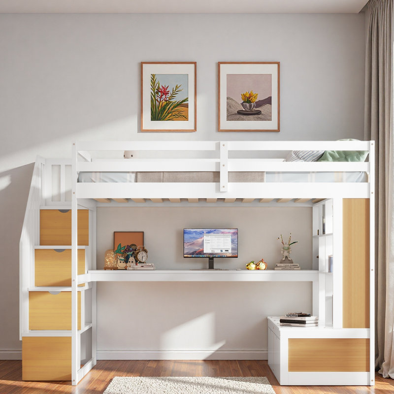Lit mezzanine avec bureau, tablettes, 2 tiroirs intégrés et escalier de rangement, Blanc/naturel