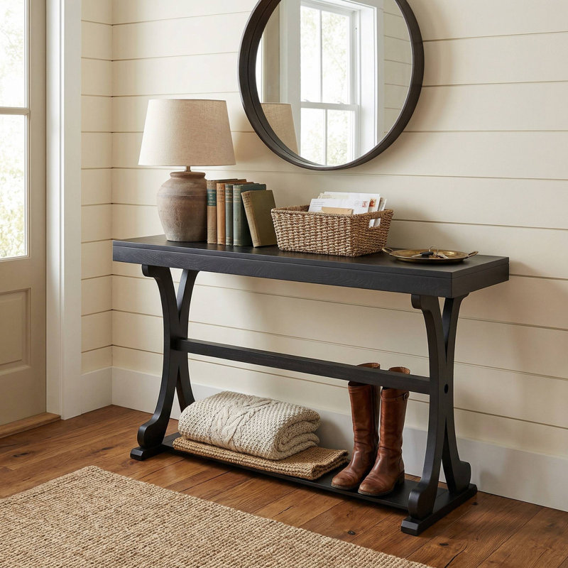 52" Long Vintage Narrow Console Table, Sturdy Open Storage Shelf, Anti-Tip Design Suitable For Entryway, Living Room, Black