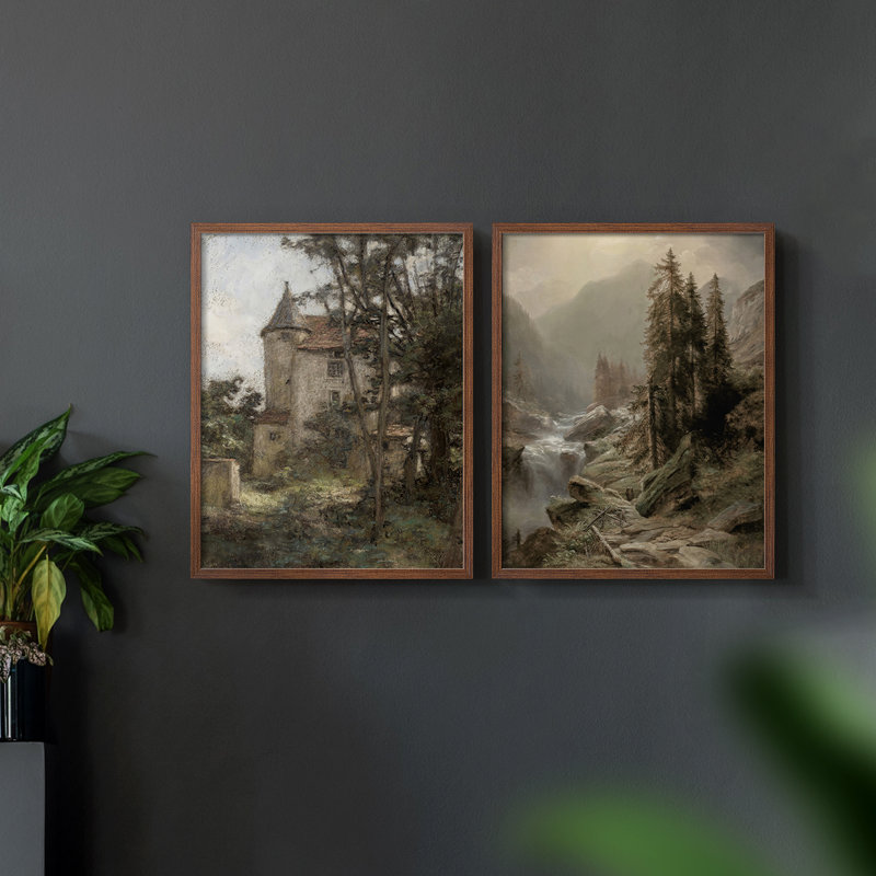 «Vintage Landscape XXXV», impression giclée sur cadre - ensemble de 2, H 12 po x l 30 po, Noyer