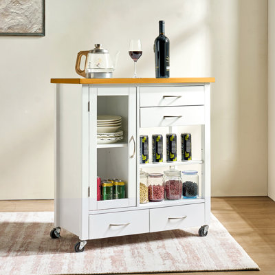 Chariot de cuisine en blanc avec surface en bois de noyer, armoire mobile sur roulettes, porte en verre et barre à serviettes pour la vaisselle sèche, finition pour îlot de cuisine, buffet à tiroirs avec tablettes ouvertes