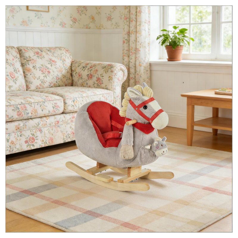 Jouet pour cheval à bascule en tissu doux, structure en acier gris et bois pour enfants