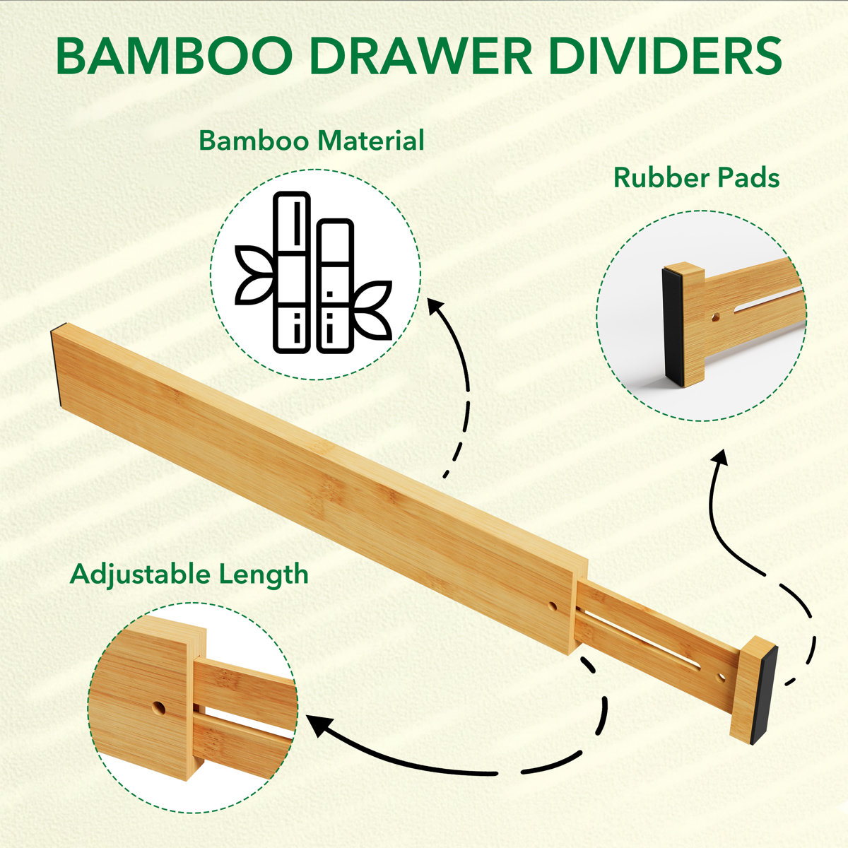 Bamboo Drawer Dividers with Labels, 6 Pack Adjustable Expandable Organizers for Kitchen, Home, Office, Dressers & Bathroom