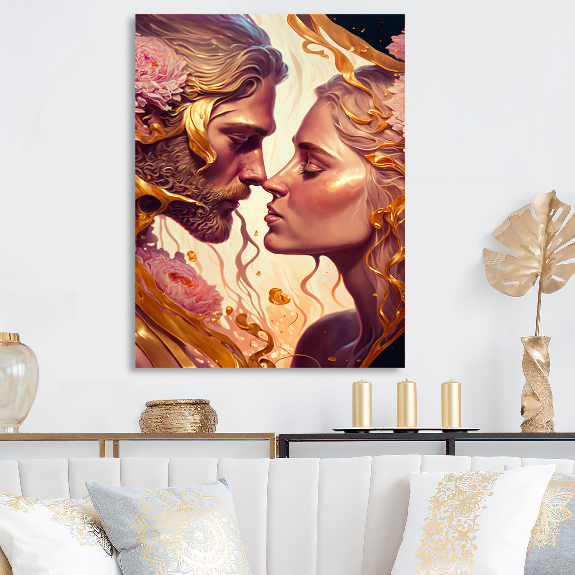 House of Hampton® Gold And Pink Couple Kissing Art - Traditional Canvas ...