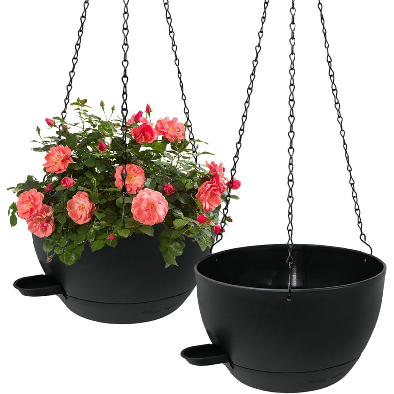 Self Watering Hanging Planters, 2 Pack 10'' Plastic Pots with Drainage Holes & Reservoir Tray (Black) | Indoor & Outdoor Use for Ferns, Ivy, Herbs, Succulents