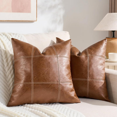 2 Packs Boho Brown Waterproof Faux Leather Decorative Throw Pillow Covers