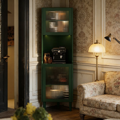 Armoire d'angle en bois massif de 72,83 po de hauteur, buffet triangulaire peu encombrant avec portes en verre pour les petits salons, tablette de rangement multi-niveaux pour coins muraux