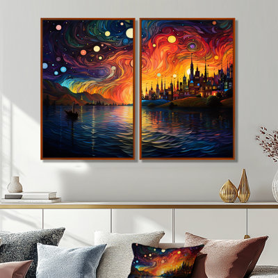 Nuit étoilée sur le rhône en France II - Art mural traditionnel 2 pièces