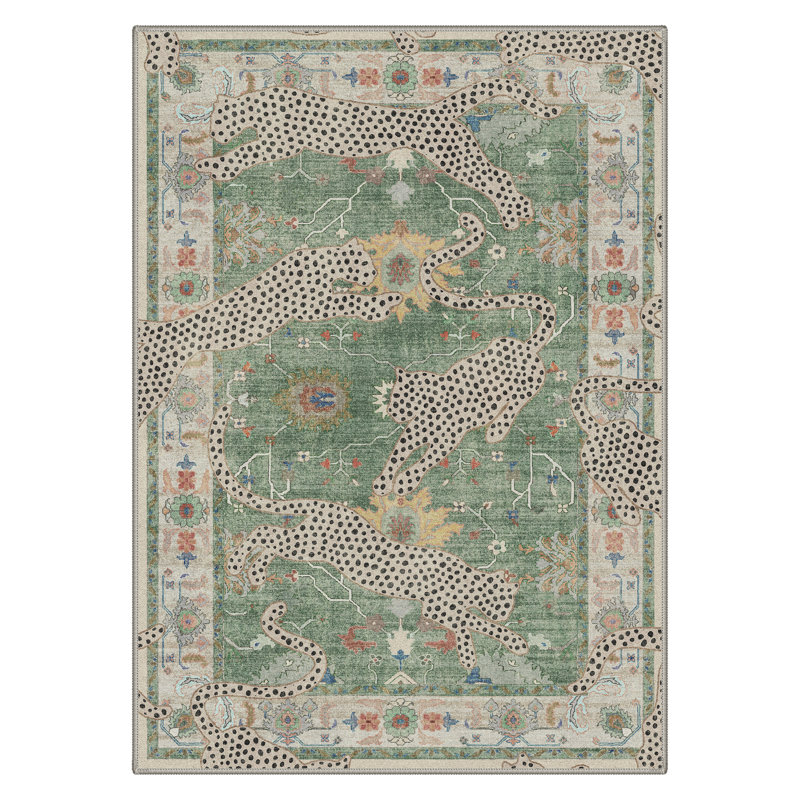 Allandale Leopard Print Green / Beige Machine Washable Non-Slip Area Rug, Rectangle 8' x 10', Green