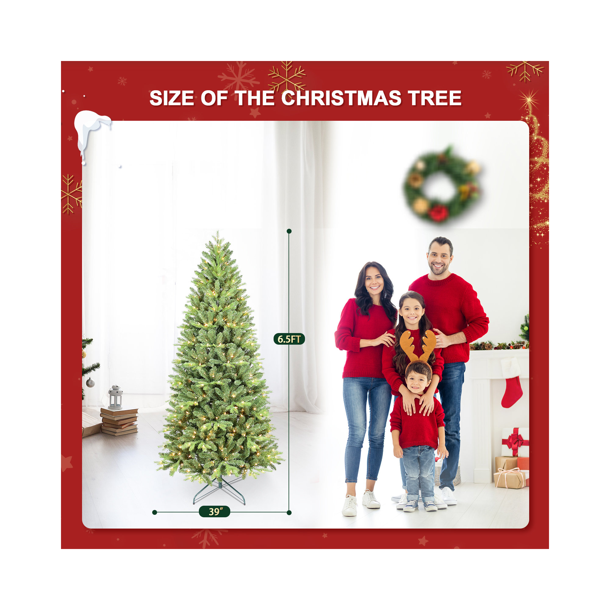 Pre-lit Christmas Tree Artificial Pencil Christmas Trees - Hinged Spruce Xmas Tree With Warm Lights, Pe&pvc Mixed Branch Tips, Metal Stand&easy Assembly