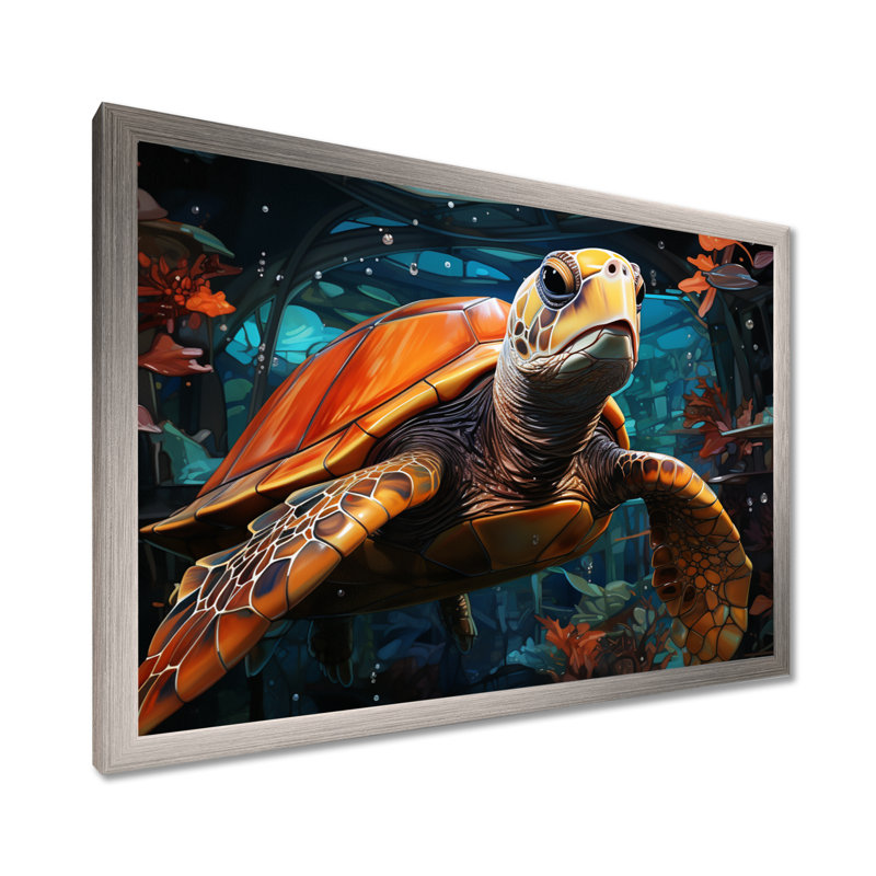 Turtle Journey Floral Geometric - Tortue, art mural sur toile, H 34 po x l 44 po x P 1,5 po, Cadre simple argenté