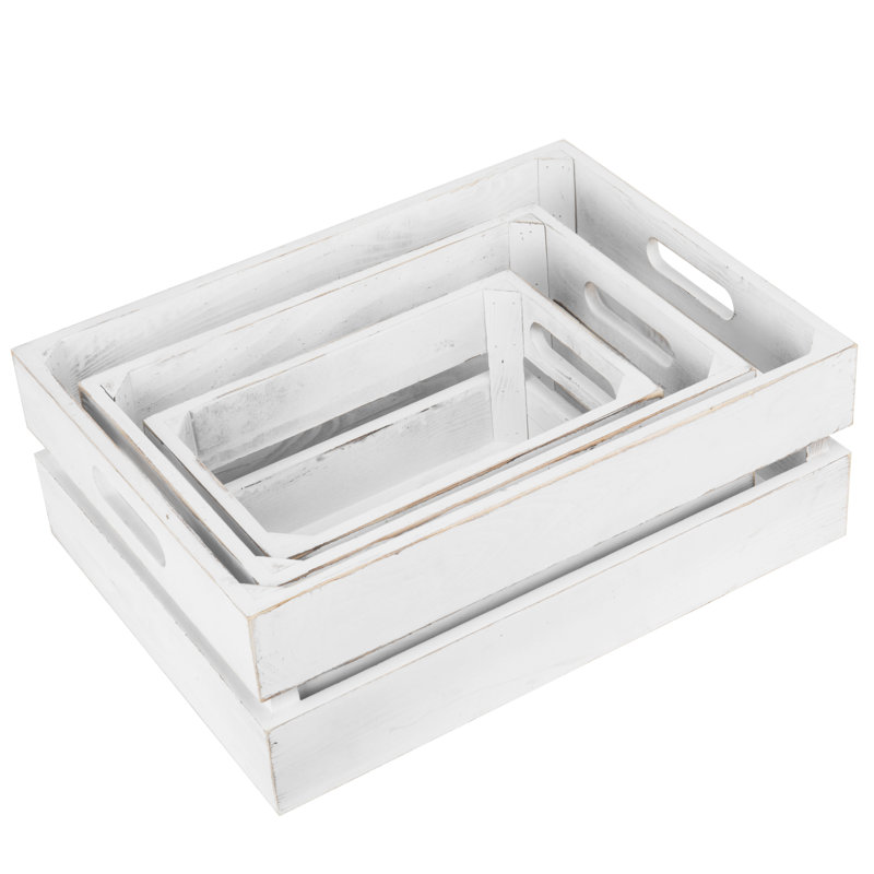 Ensemble de 3 caisses en bois massif, Blanc rétro