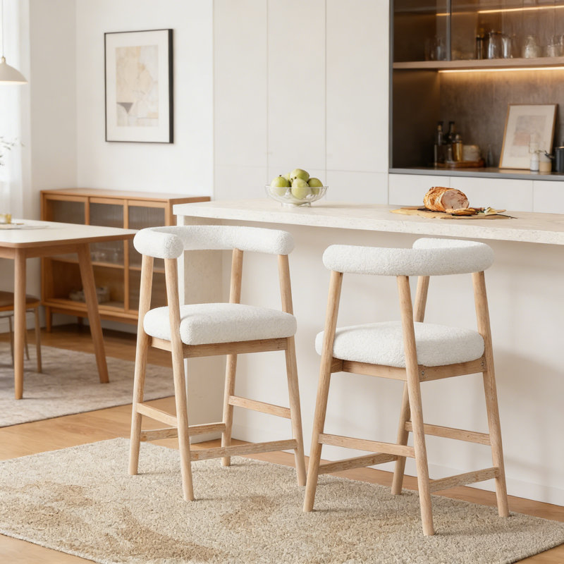 26'' Seat Height Bar Stools With Back, Comfortable Counter Stools For Kitchen Island/Dining Room, Set Of 2, Naturel