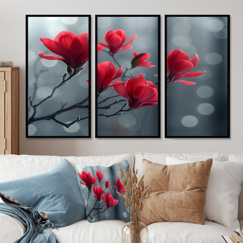 Ensemble de salon art mural rouge et gris Glamour Summer Magnolias, Toile avec cadre flottant noir