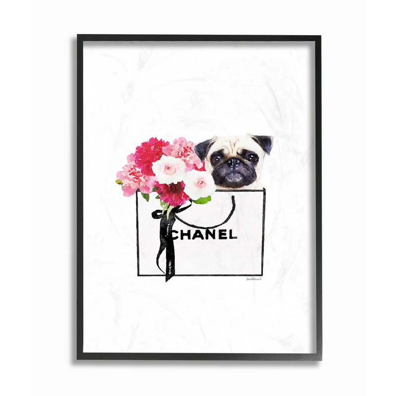 «Fashion Designer Pet Dog And Flower Purse», impression, H 14 po x l 11 po, Cadre noir