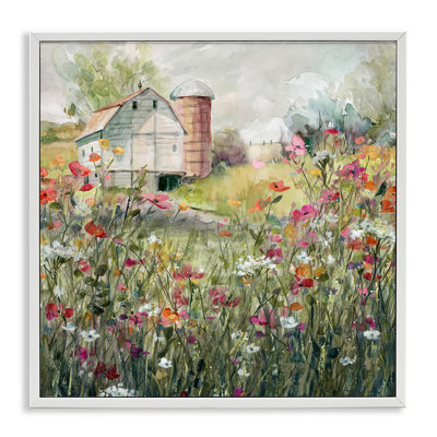 Stupell Industries Vibrant Flower Blossoms Surrounding Rural Barn Nature - Floater Frame Painting On Canvas In Coastal White Framed Giclee