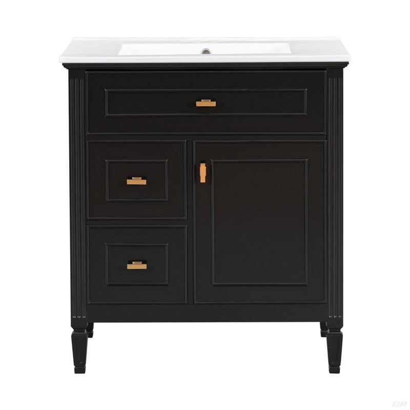 30" Bathroom Vanity With Sink, Bathroom Vanity Cabinet With One Flip Drawer And Two Drawers, Adjustable Shelf, Black
