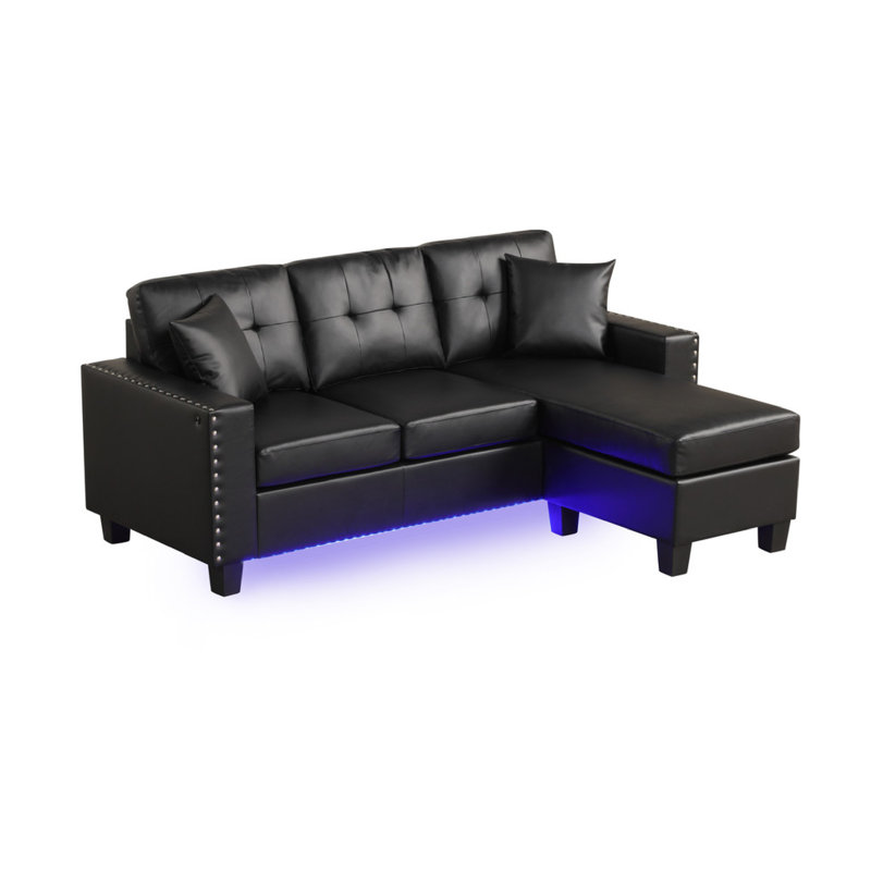 Sorenza 74"W PVC Reversible Sectional Sofa Chaise With LED Light, USB Port, Nailhead Trim, Throw Pillows, Tufted Cushion