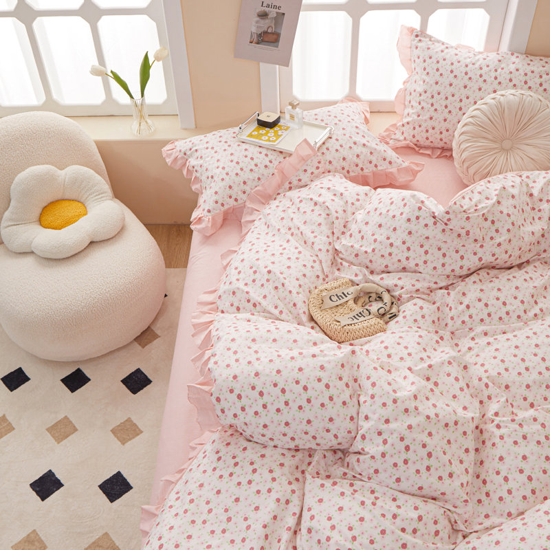 Muti-Floral Pattern Ruffle Laced Cotton Duvet Cover Set, Twin Duvet Cover + 2 Standard Pillowcases, Pink