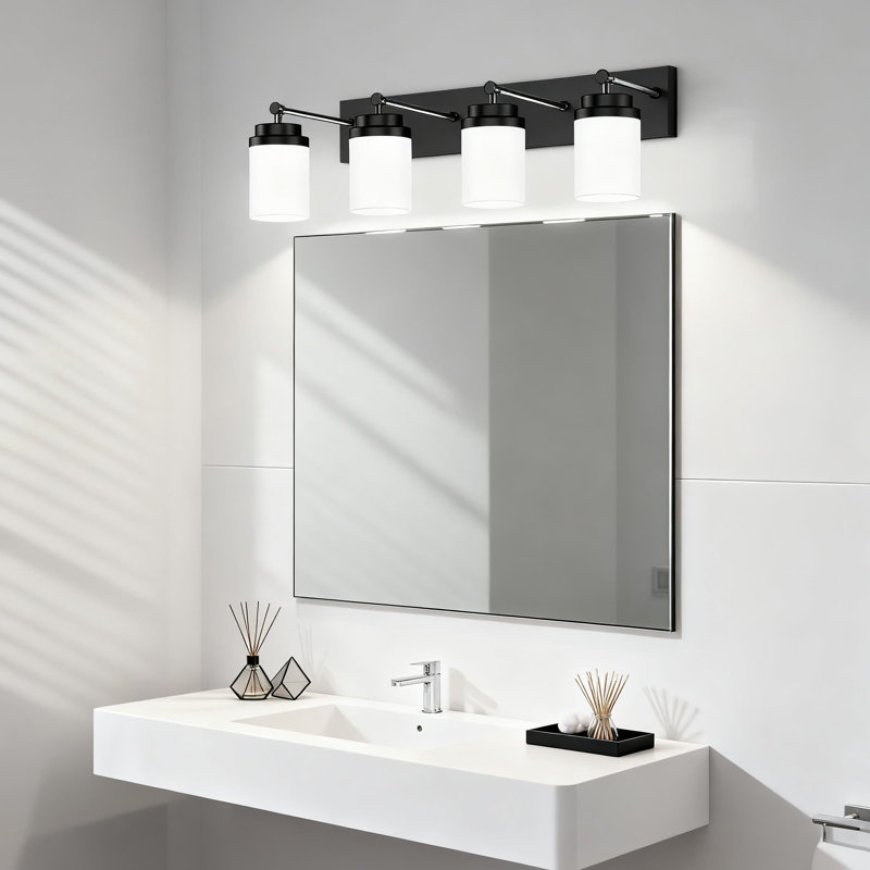 Luminaire de meuble-lavabo 4 lumières, miroir DEL moderne avec abat-jour en verre blanc, finition noir mat, éclairage réglable à intensité réglable de 5 CCT pour la salle de bain, la chambre à coucher, le salon et le couloir